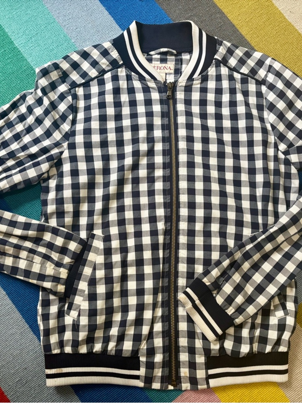 Navy and White Gingham Bomber Jacket